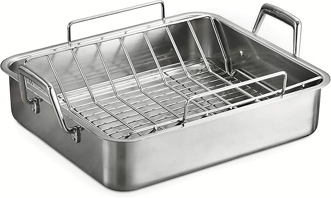 Tramontina 16.5-Inch Stainless Steel Deep Roasting Pan with Basting Grill and V-Rack, Turkey Roaster for Oven, Dishwasher Safe, Made in Brazil