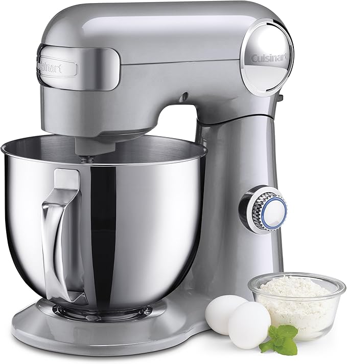Cuisinart Stand Mixer, 12 Speeds, 5.5-Quart Mixing Bowl, Chef's Whisk, Flat Mixing Paddle, Dough Hook, and Splash Guard with Pour Spout, Silver Lining, SM-50BCNAS, Silver Lining