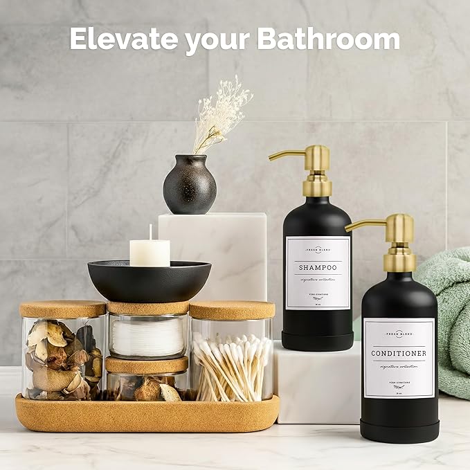 Vine Creations Black Glass Soap Dispenser, 2 Pack Kitchen Soap Dispenser Set with Stainless Steel Pump, 16 oz Dish Soap and Hand Soap Dispensers for Bathroom with Waterproof Labels