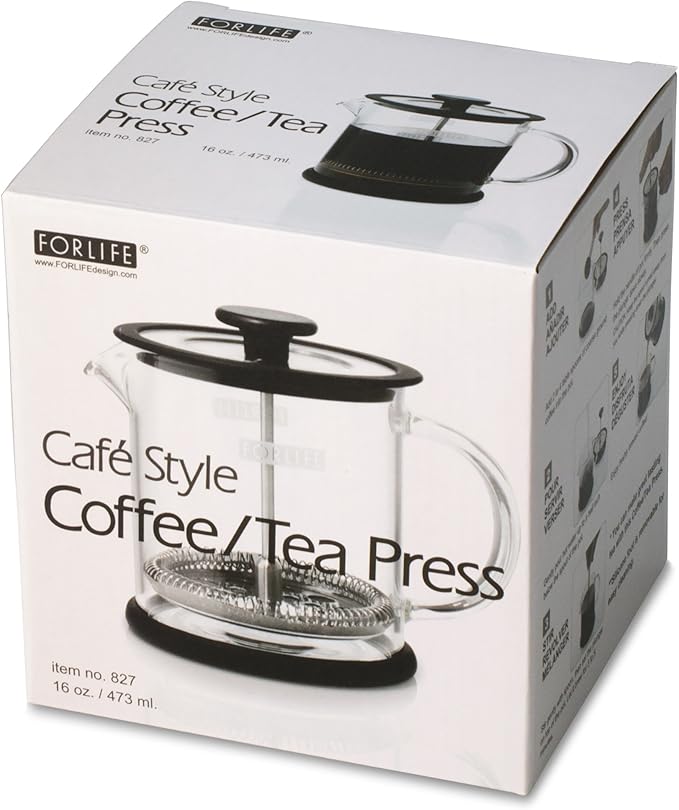 FORLIFE Cafe Style Glass Coffee/Tea Press, 16-Ounce, Black