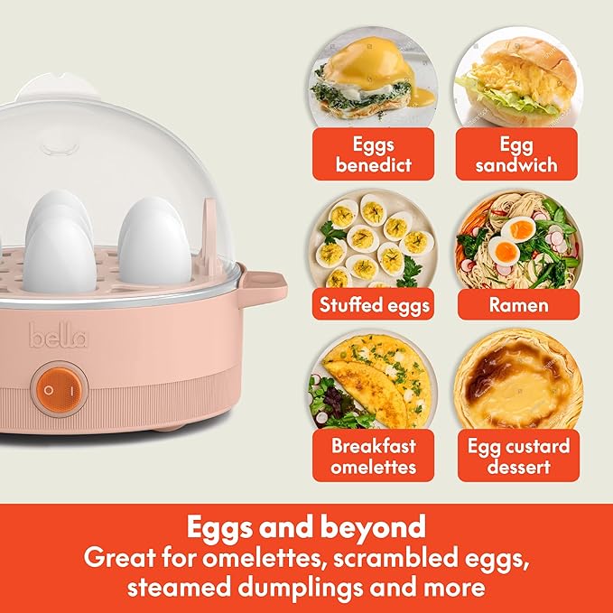 bella Electric Egg Cooker, 7 Eggs Capacity Tray, Single Stack, for Poached, Scrambled, Hard, Medium & Soft Boiled Eggs, Omelets and Steamed Dumplings, Auto Shutoff, 360 Watt, Blossom