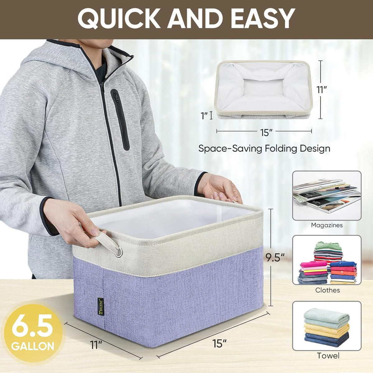 BALEINE 1 Pack Fabric Storage Bins for Shelves, Linen Storage Baskets for Organizing, Decorative Closet Bins for Clothes, Home (Lavender, 15''x11''x9.5'')