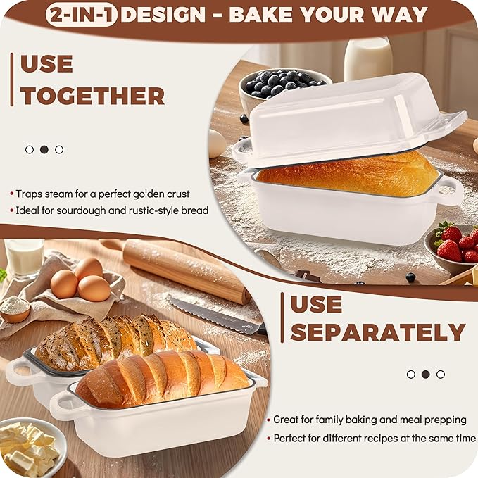 Cast Iron Bread Loaf Pan with Lid, Loaf Pans for Baking Bread 9x5, Enameled Bread Pans for Homemade Bread, Sourdough, Set of 2 (Cream White)