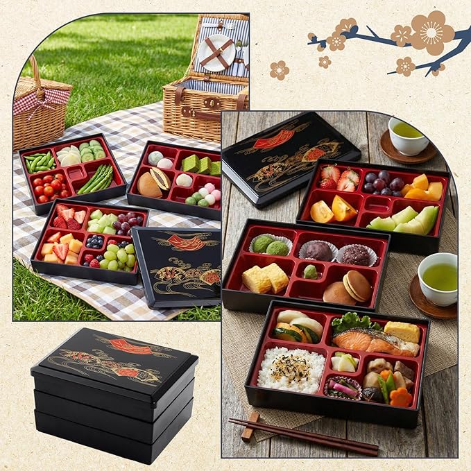 Teenyyou 1 Pcs Three -Tier Japanese Lunch Bento Box 10.6 x 8.3 x 6.1 Inch Japanese Stackable Lunch Box Divided Bento Container with Greaseproof Gift for Sushi Meal Snack Home Restaurant