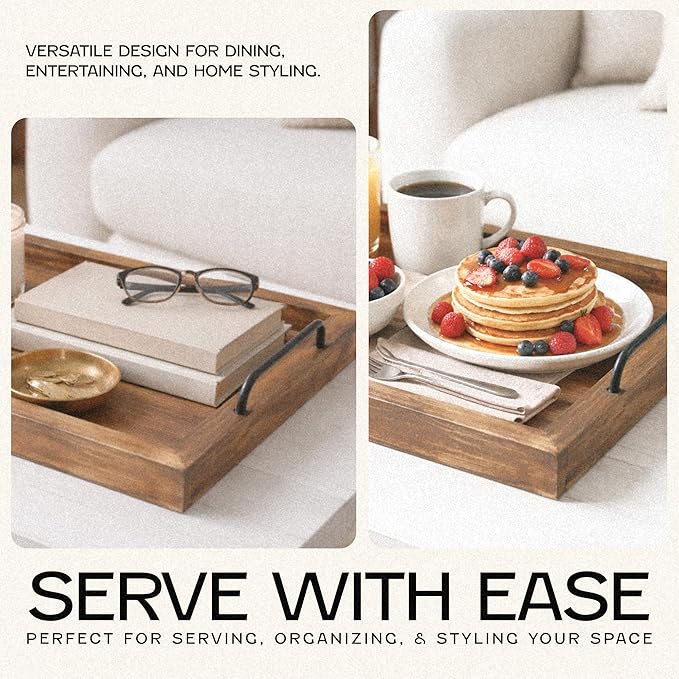 Besti Rustic Vintage Food Serving Trays (Set of 2) | Nesting Wooden Board with Metal Handles | Stylish Farmhouse Decor Serving Platters | Large: 15 x2 x11 - Small: 13 x2 x9 inches (Rustic Burnt)
