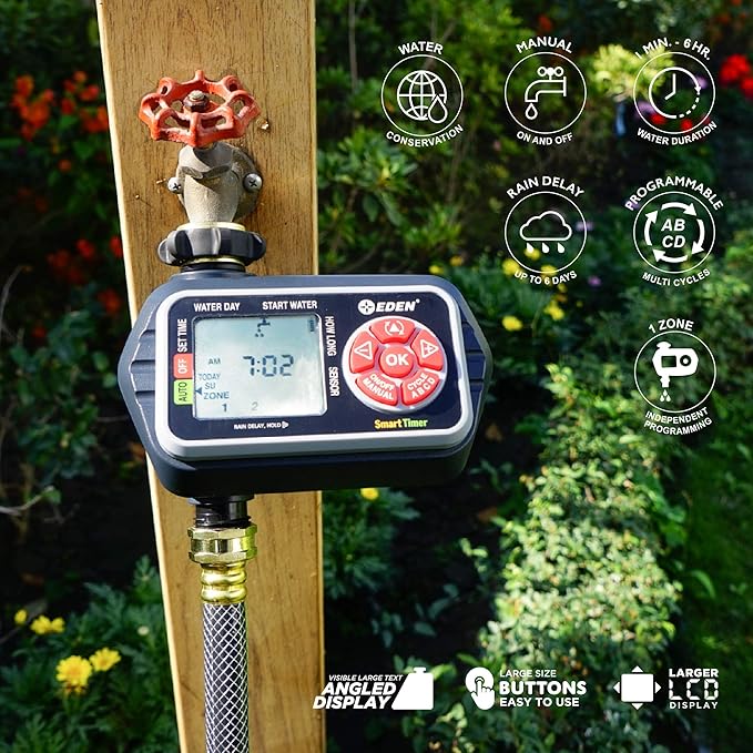 Eden 93411 1-Zone Digital Water Timer with LCD Display - Programmable Sprinkler System Manual Watering Rain Delay and Moisture Sensor Compatibility