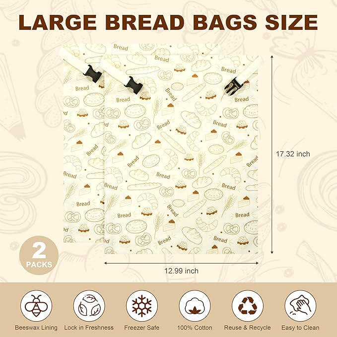 BuyCard Reusable Beeswax Bread Bags, 2-Pack Zipper Closure Cotton Bread Storage Bags for Homemade Loaf Freshness, for Baking Enthusiasts, Natural Cream with Gold Bread Pattern