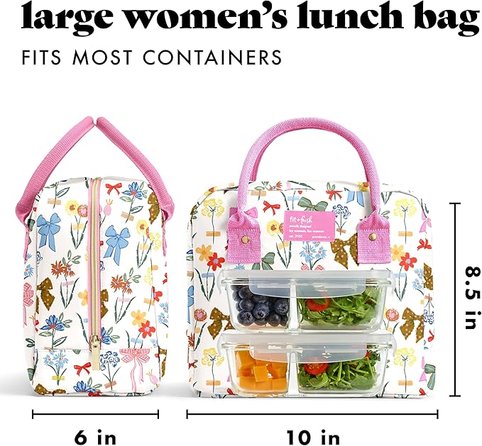Fit & Fresh Bloomington Lunch Bag for Women - Insulated Large Lunch Box for Work with Containers, Leak-Resistant, Stain-Resistant, Zipper Closure, Color Bows & Flowers