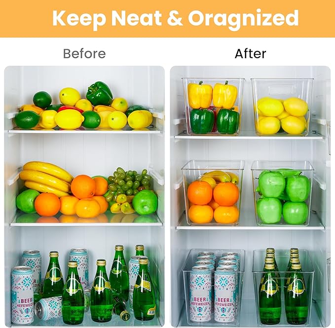 YIHONG 10 Pack Clear Pantry Organizer Bins, Plastic Containers with Handle for Kitchen,Freezer,Cabinet,Closet,Bathroom Under Sink Storage