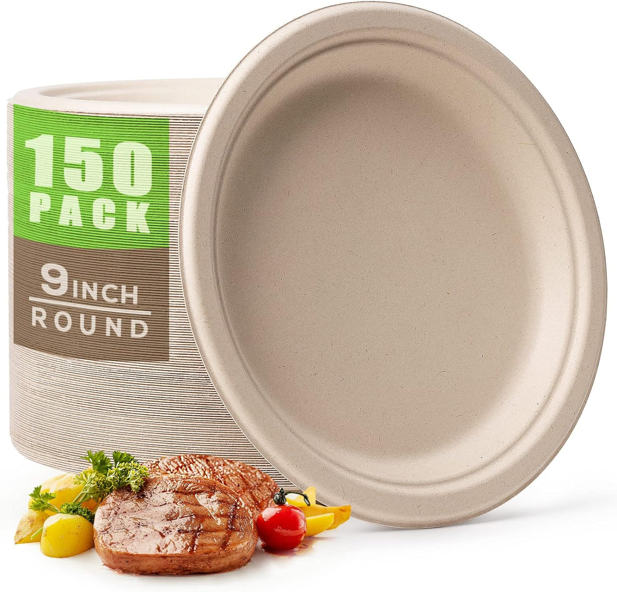 Gezond 150pcs Compostable Paper Plates 9 Inch Disposable Plates Unbleached Heavy Duty Eco-friendly Sugarcane Fiber Biodegradable Plate for Party Picnic