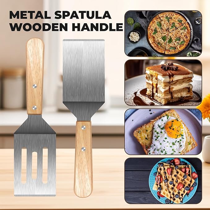 Stainless Steel Spatula Set, 2 Pieces Metal Spatula for Cast Iron Skillet, Metal Spatulas for Kitchen Use with Wooden Handle, Ideal for Frying Steak, Pancake, Cookie, Burger, Brownie or Desserts