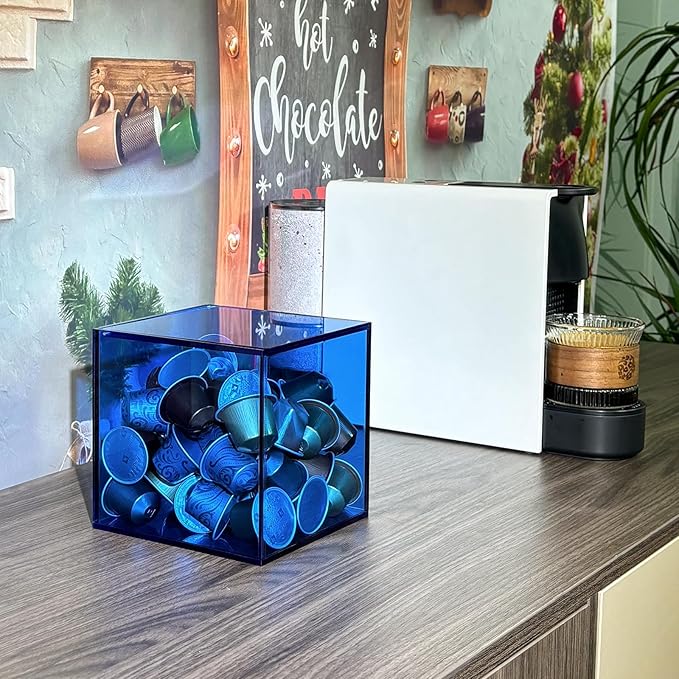 Coffee Capsule Storage Box Coffee Pod Holder Organizers Accessories Anti Dust Durable Clear Acrylic Box for House and Office Use, Blue, 5x5 In