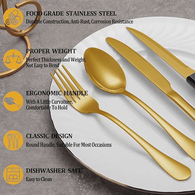 24 Pcs Gold Silverware Set with Steak Knives, Stainless Steel Flatware Cutlery Set Service for 4, Kitchen Tableware Set, Utensil Set for Home and Restaurant, Knives Forks Spoon Set, Dishwasher Safe