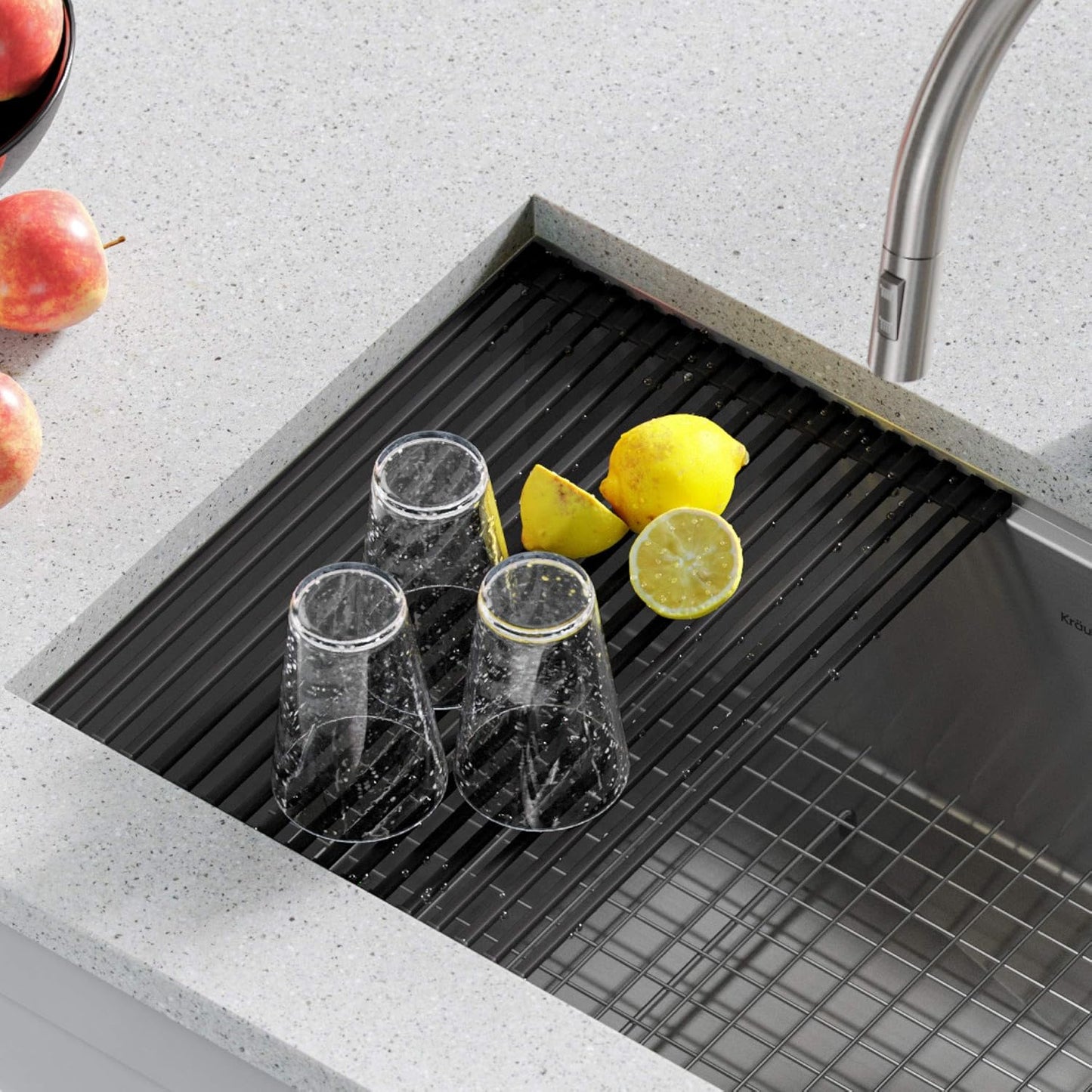 Kraus Multipurpose Workstation Sink Roll-Up Dish Drying Rack, Colander and Trivet in Dark Grey, KRM-11DG