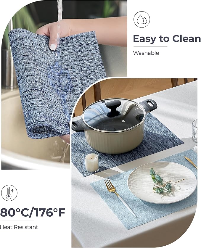 Leetaltree Deep Navy Woven Placemats Set of 6 - Heat Resistant Non-Slip Place mats for Dining Table, Washable Durable PVC Vinyl Woven Table Mats(Deep Navy, 6)