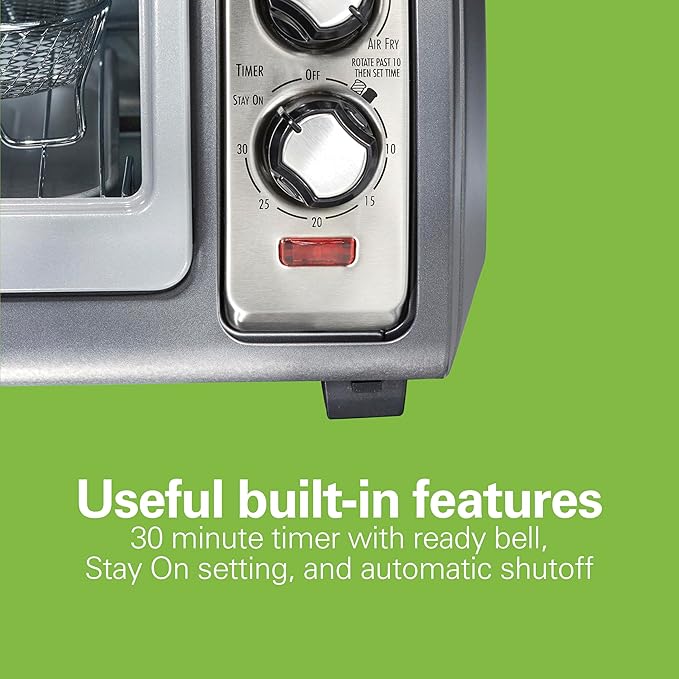 Hamilton Beach Air Fryer Toaster Oven Combo with Large Capacity, Fits 6 Slices or 12” Pizza, 4 Cooking Functions for Convection, Bake, Broil, Roll-Top Door, Easy Reach Sure-Crisp, Stainless Steel