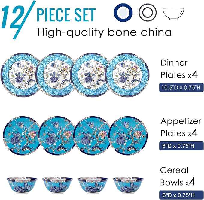 ACMLIFE Bone China Dinnerware Set for 4, 12-Piece Vintage Floral Dinnerware Set, Kitchen Plates and Bowls Set, Fine China Set Gifts Mother's Day, Dinnerware Sets Blue and White for Women (Blue)