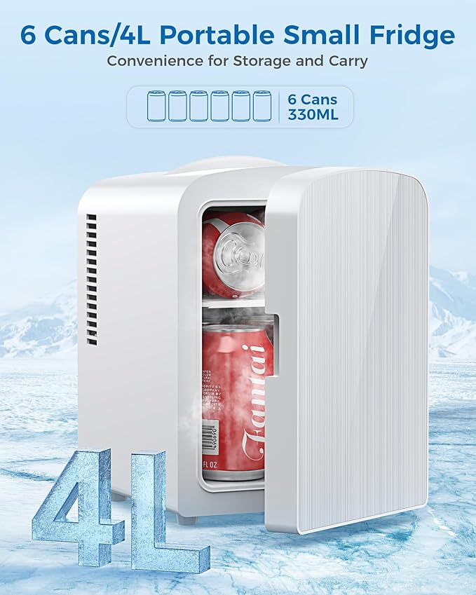 Electactic 4L/6 Cans Mini Fridge, Portable Compact Refrigerator, Small Skin Care Fridge, Food and Drinks, Small Cooler for Bedroom, Dorm, Car, Office, White