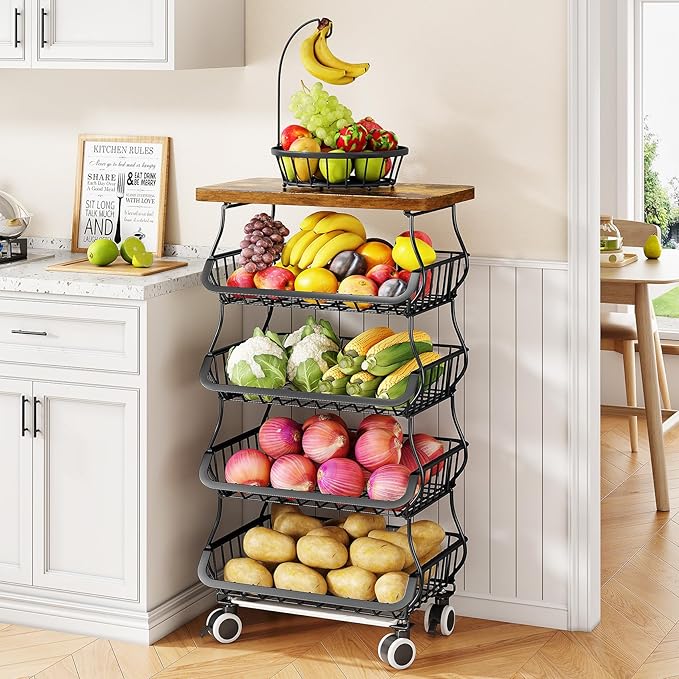 SAYZH Fruit Basket Kitchen Pantry Organizers and Storage - Wooden Top Table, Stackable Metal Wire Basket Stand Cart for Fruit Vegetable Snacks Onion Potato Organization (Black, 5 Tiers)