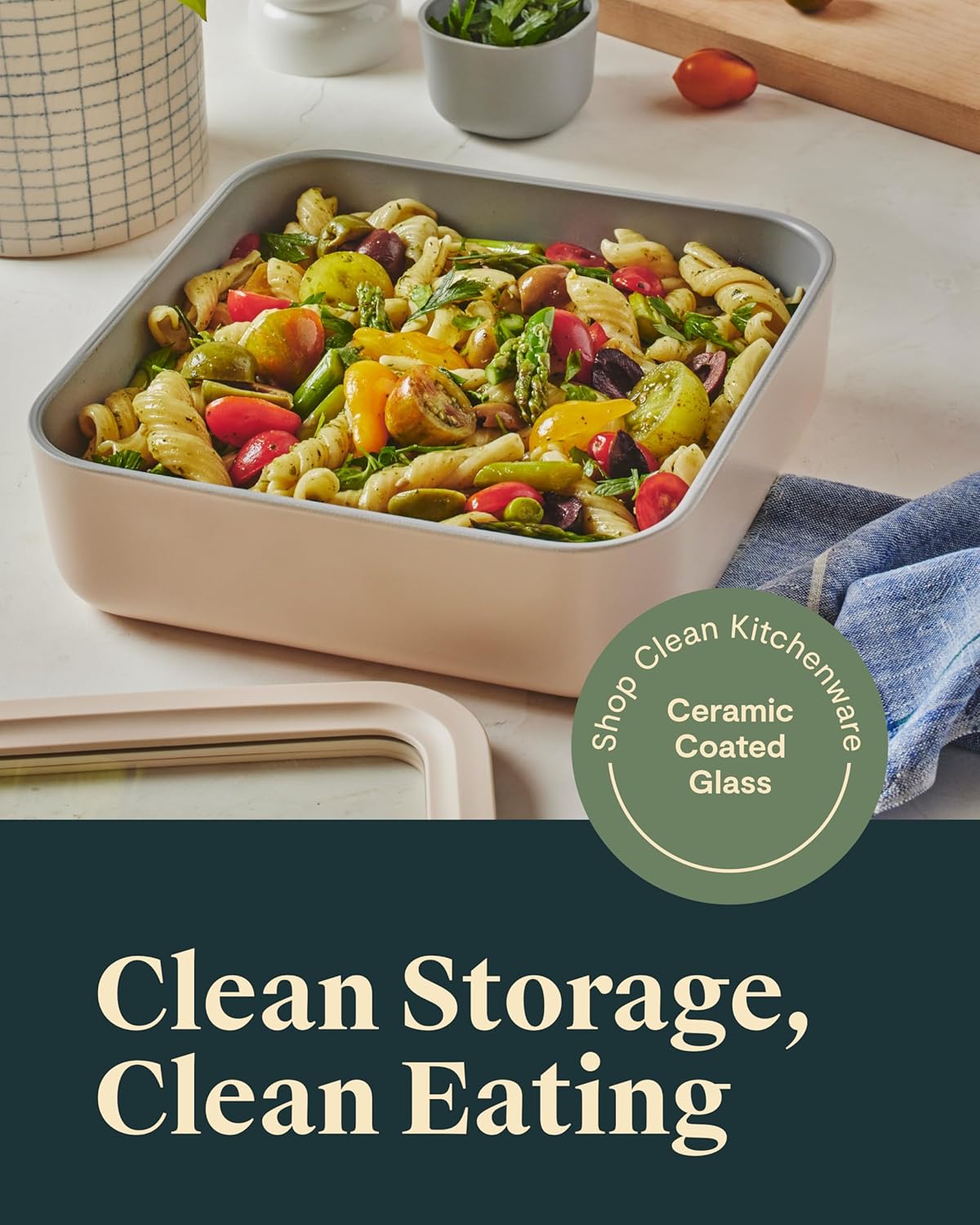 Caraway Glass Food Storage, 10 Cup Glass Container,Ceramic Coated Food Container,Easy to Store, Non Toxic, Non Stick Lunch Box Container with Glass Lids. Dishwasher, Oven,Square Shape,Mist