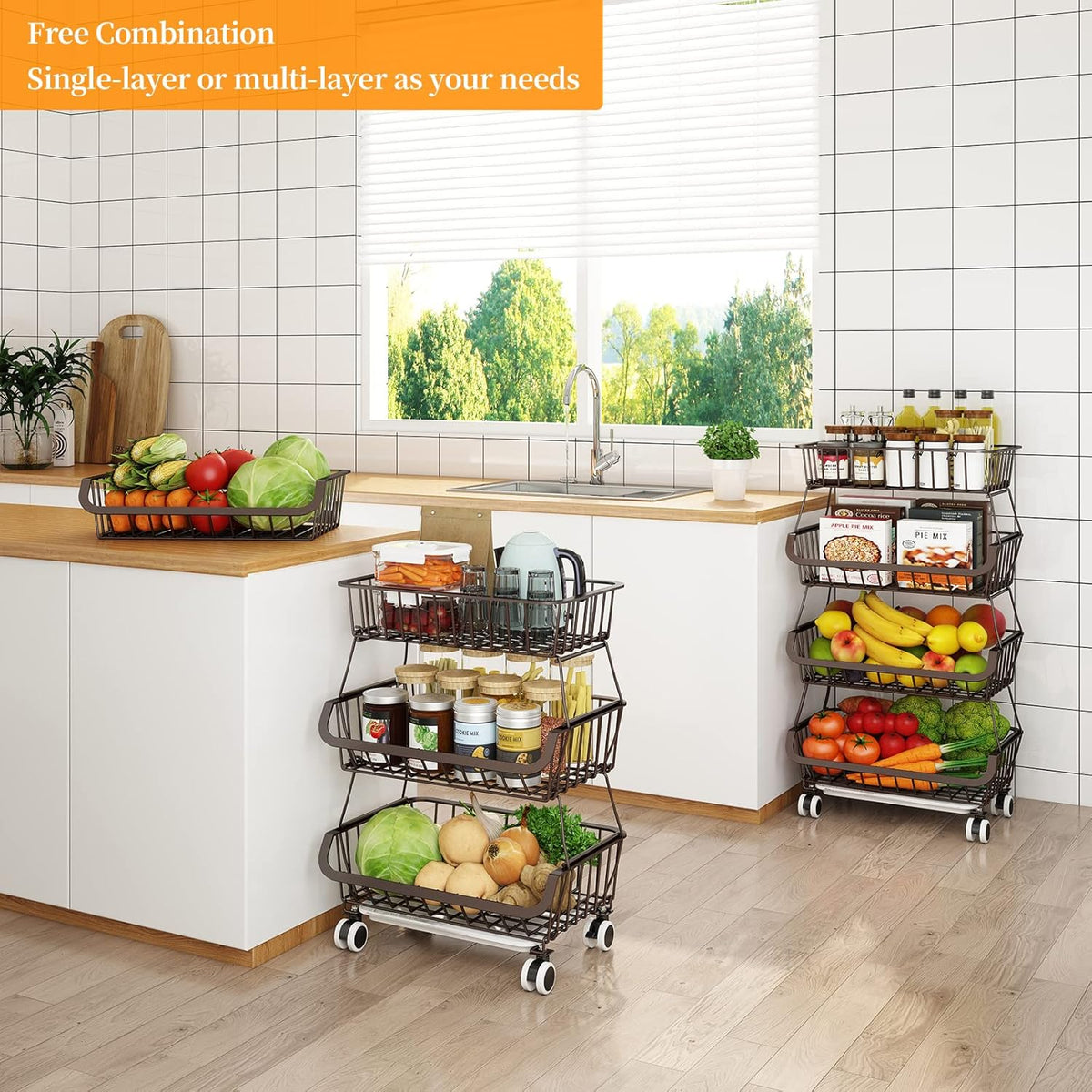 Fruit Vegetable Storage Basket for Kitchen - 4 Tier Stackable Metal Wire Baskets Cart with Rolling Wheels Utility Fruits Rack Produce Snack Organizer Bins for Pantry Bathroom Laundry Bronze