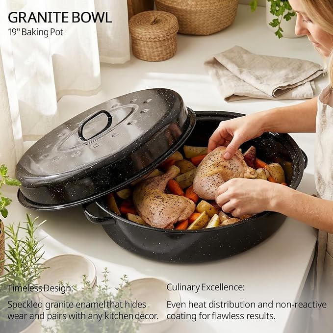 Enamel Roaster Pan With Lid and Rack Set 13"19"Granite Roasting Pans, Oval Large Turkey Baking Pan Suitable for Cooking 20lb Poultry and Beef High Temperature Resistance Oven Cookware