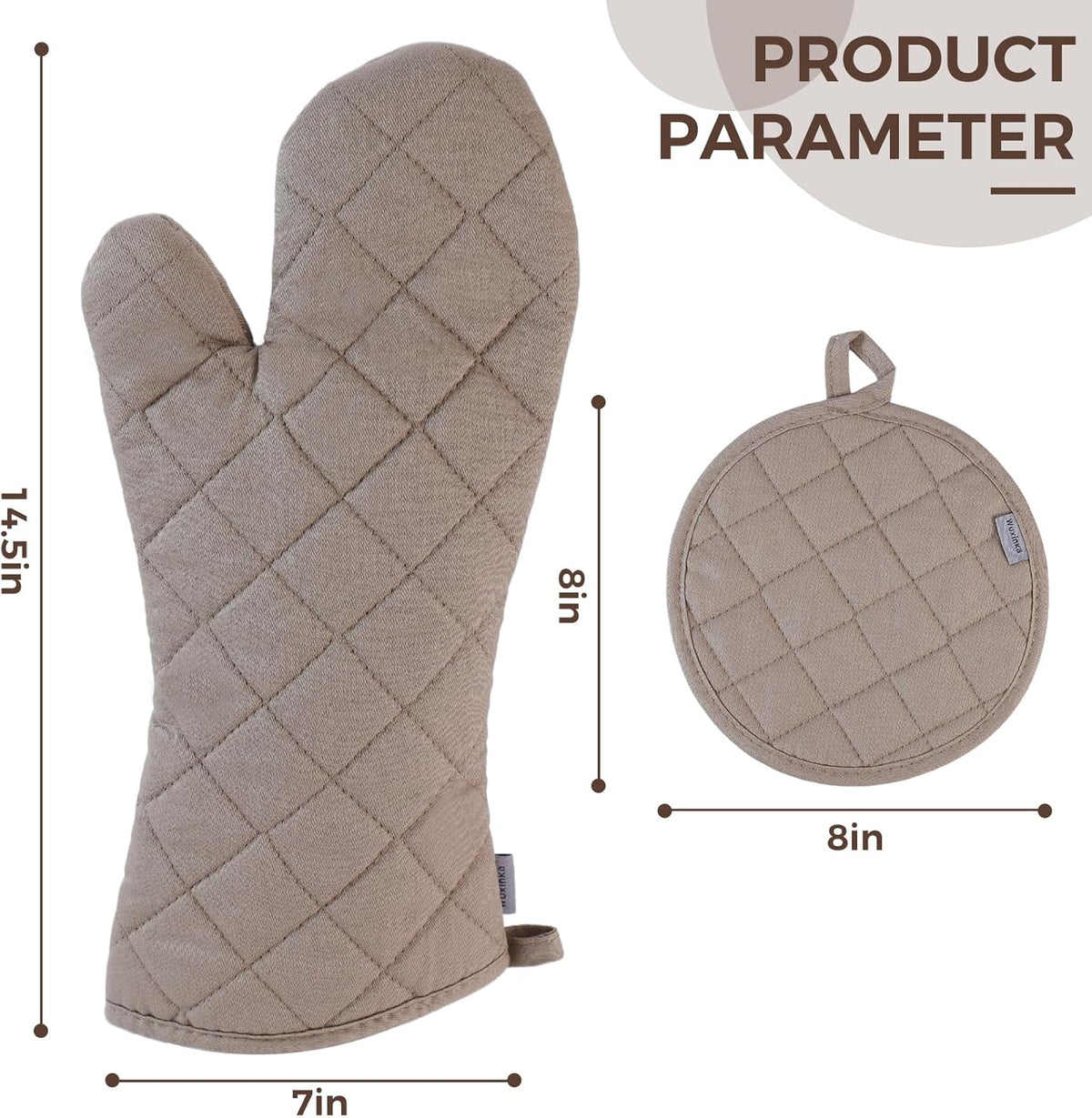 Set of 4 Oven Mitts and Pot Holder Heavy and Tall Kitchen Cotton Gloves Lined Towelcloth, Gloves Length 40cm, Pot Holder Width 20cm Diameter Round… (Light Brown)