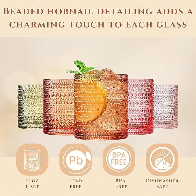 Hobnail Beaded Highball Drinking Tumbler Glasses | Set of 10 | Color, Vintage Bubble Design Whiskey Glassware, Old-Fashioned, Embossed Design, Water, Wine, Cocktail Embossed Heavy Glass, Rocks Glass
