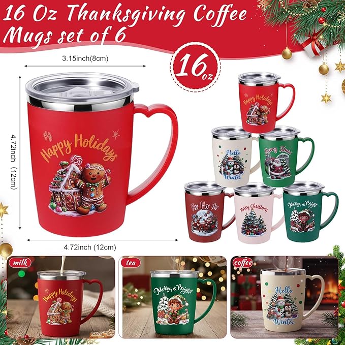 Maxcheck 6 Pcs Christmas Coffee Mugs Cups 16 oz Merry Christmas Stainless Steel Insulated Tumblers Bulk with Handle Lid Straw Brushes Red Green Xmas Tree Santa Claus Mug Gifts for Winter Holiday Party