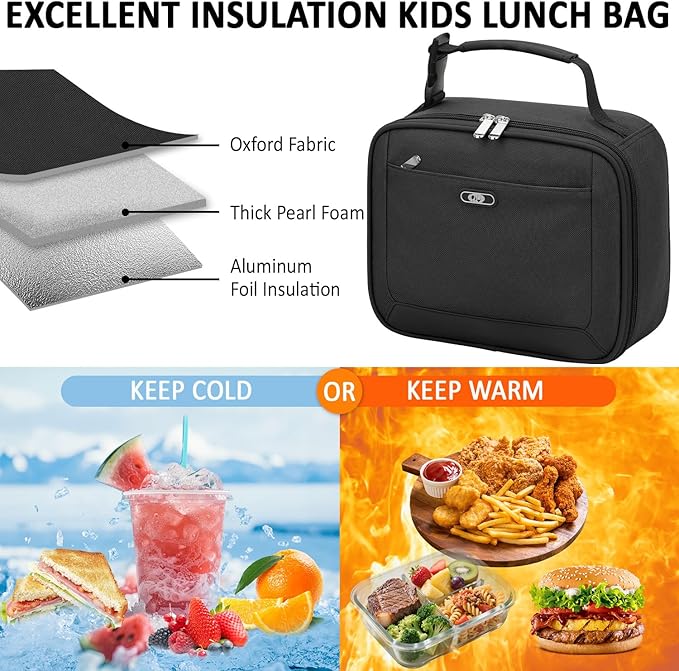Lunch Box Kids Insulated Lunch Bag for Boys Girls Cute Reusable Lunch Tote Bag Waterproof Portable Thermal Lunch Box Kids for School Picnic Travel Black