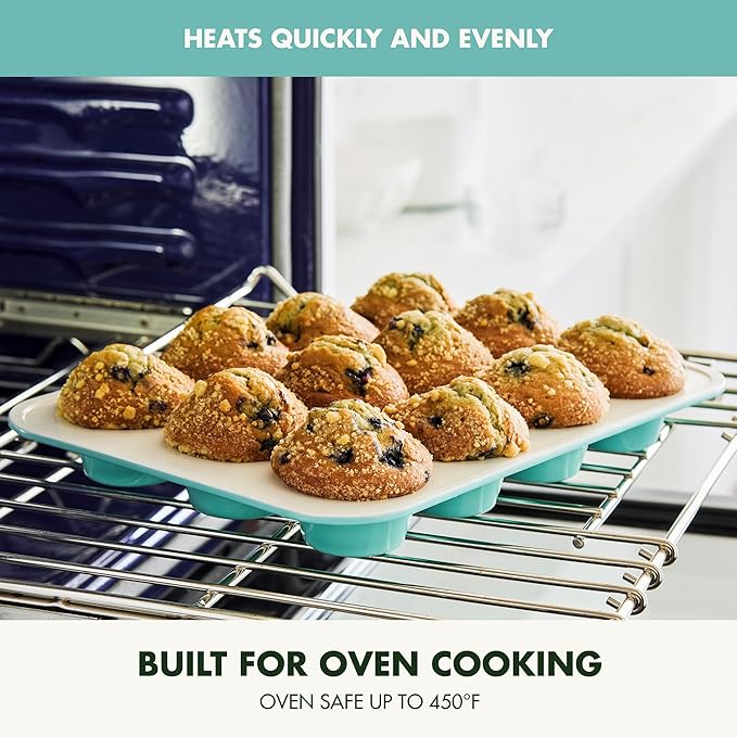 GreenPan Bakewell 12-Cup Muffin Pan, Healthy Ceramic Nonstick Bakeware, PFAS-Free Cupcake Mold, Durable Baking Tray, Versatile Kitchen Essentials, Easy Clean Ovenware, Turquoise