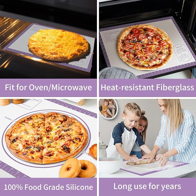 Silicone Pastrty Mat for Dough Rolling, Extra Thick Silicone Baking Mat, Fondant Mat for Making Cookies Macarons Bread Pizza Oven Mat, Silicone Mat for Baking Purple 26X16INCH