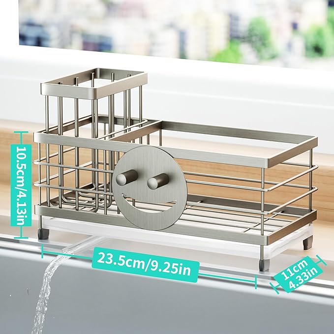 HapiRm Sink Caddy Sponge Holder - Self-draining Kitchen Sink Organizer with Smiley Face and Brush Holder, Stainless Steel Kitchen Organizer for Countertop - Brushed Nickel