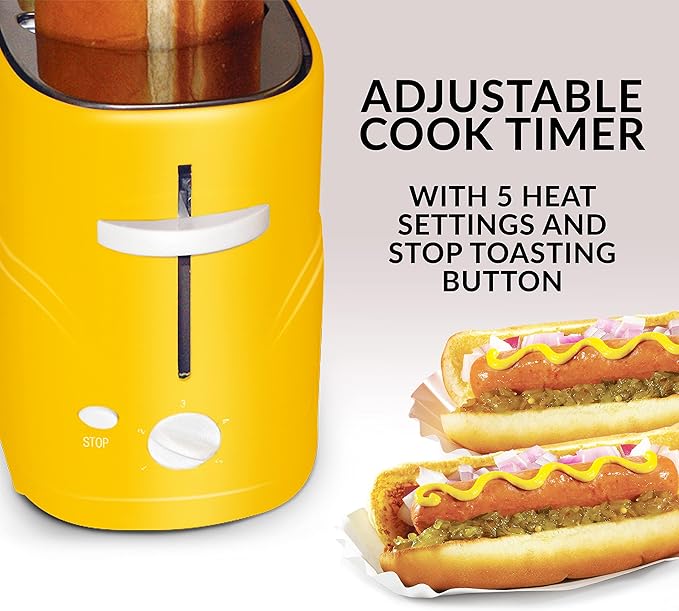 Oscar Mayer 2 Slot Hot Dog and Bun Toaster with Mini Tongs, Hot Dog Toaster Works with Chicken, Turkey, Veggie Links, Sausages and Brats, Yellow