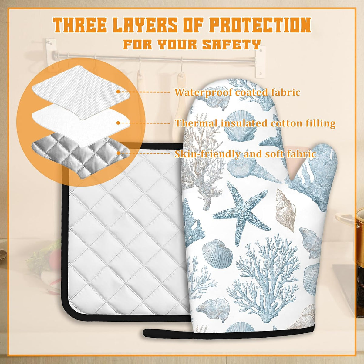 Starfish Oven Mitts and Pot Holders Set,Coral Shell Kitchen Oven Gloves and Pot Holder with Heat Resistant Non Slip for Cooking Baking Grilling(4 Piece Set)