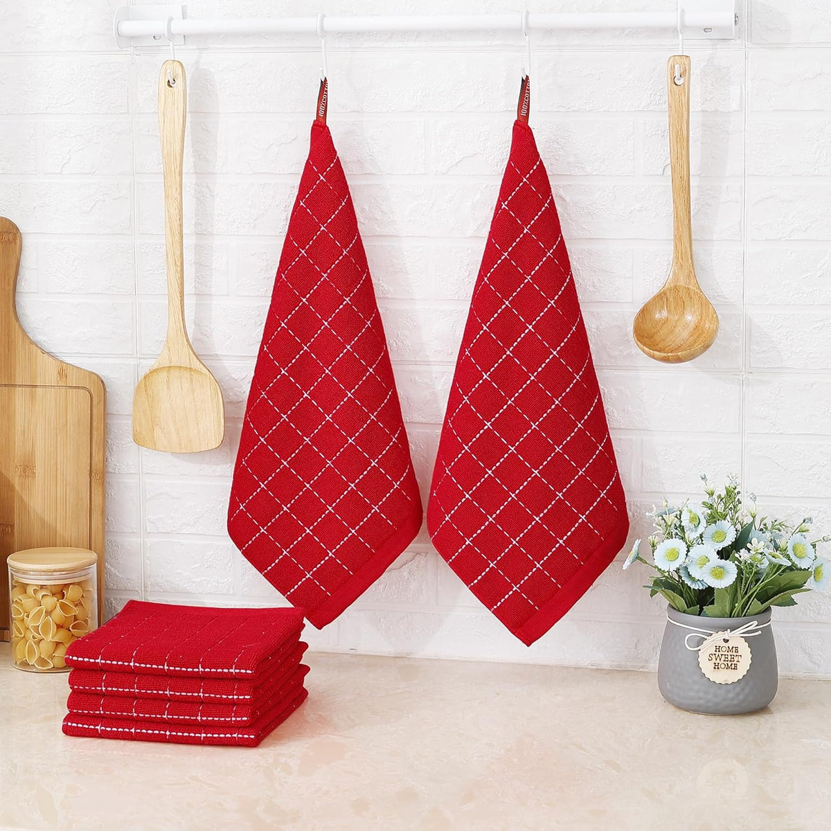 Homaxy 100% Cotton Terry Kitchen Dish Cloths, Ultra Soft and Absorbent Dish Towels for Kitchen, Suitable for Drying and Washing Dishes, 12 Pack, 12 x 12 Inches, Red