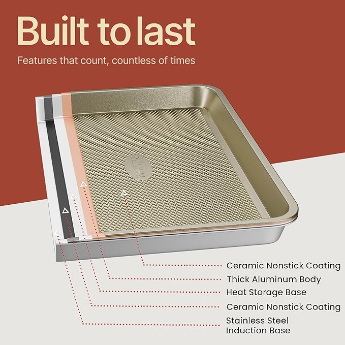 Diamond Bottom Cookie Sheet Set of 3, Nonstick Gold Carbon Steel Baking Pans for Crisp Baking, Space-Saving Stackable Trays, PFOA, PFOS, PTFE Free, Oven Safe Up to 450°F, Small, Medium & Large Sheets