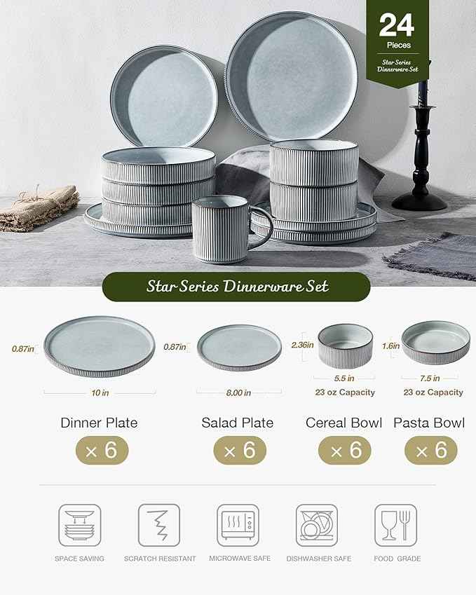 Famiware Star Dinnerware Set with Pasta Bowls, Service for 6 (24 Pieces), Ribbed Stoneware Plates and Double Bowls Sets - Chip & Scratch Resistant, Microwave & Dishwasher Safe Dishes, Smoky Blue