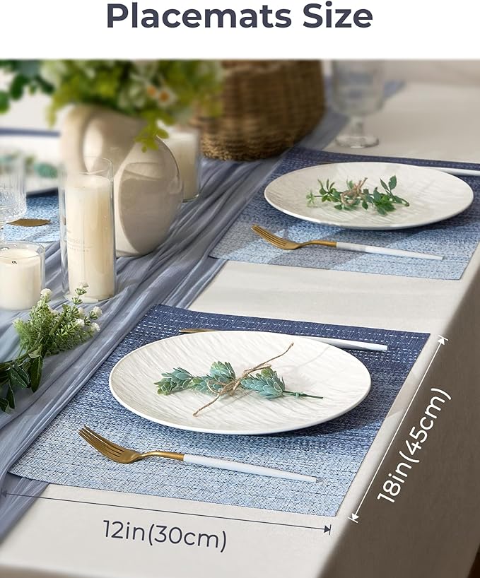 Leetaltree Gradient Blue Woven Placemats Set of 6 - Heat Resistant Non-Slip Place mats for Dining Table, Washable Durable PVC Vinyl Woven Table Mats(Gradient Blue, 6)
