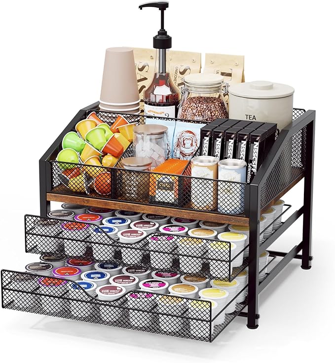 Homsorout Coffee Bar Organizer - Coffee Station for Countertop, Metal and Wood K Cup holder Storage Basket for Coffee Pods, Syrup, Cups, Stirrer, Coffee Condiment, Tea Organizer, Black and Brown