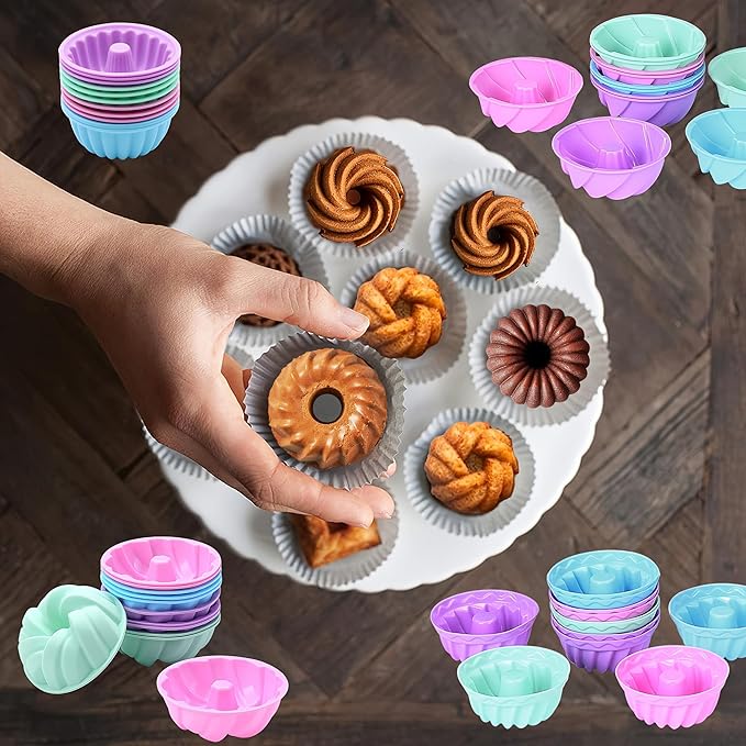 Tongjude 48 Pieces Silicone Donut Mold, 3.15" Diameter 1.37" Deep Small Reusable Baking Cups, Non-Stick, 4 Shape Silicone Molds, Heat Resistant Bakeware for Bagel, Muffin, Jello and Cake Baking