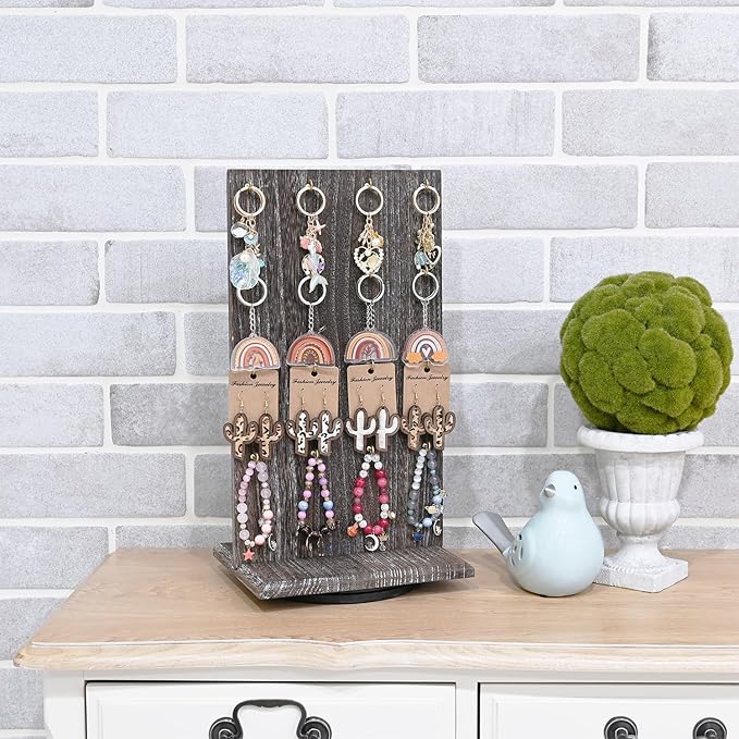 Ikee Design Wooden Rotating Two-Sided Jewelry Display Stand, Rotating Organizer with 32 Hooks for Store, Keychain Earring Display with Hooks, Coffee color, 9 W x 7.5 D x 16.5 H in