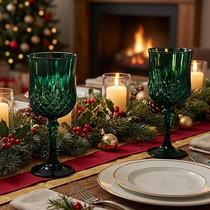 Plastic Wine Glasses, Plastic Goblets Vintage Style Cordial Unbreakable Drinking Glasses, Reusable Drinkware for Wedding Reception, Grand Event Party Supplies (24, Green)