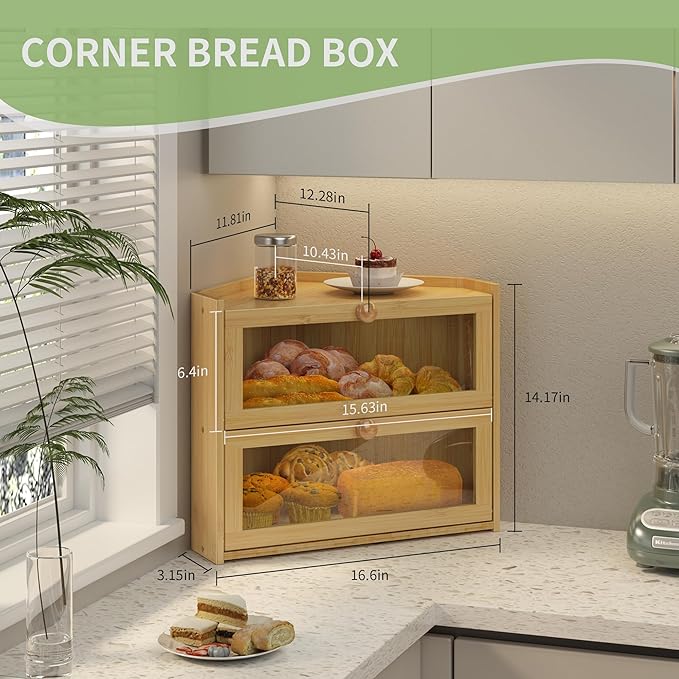 JANSNIMEN Bamboo Corner Bread Box for Kitchen Countertop, Large Bread Container Storage Bamboo Wooden Farmhouse Bread Box with Window Bread Holder