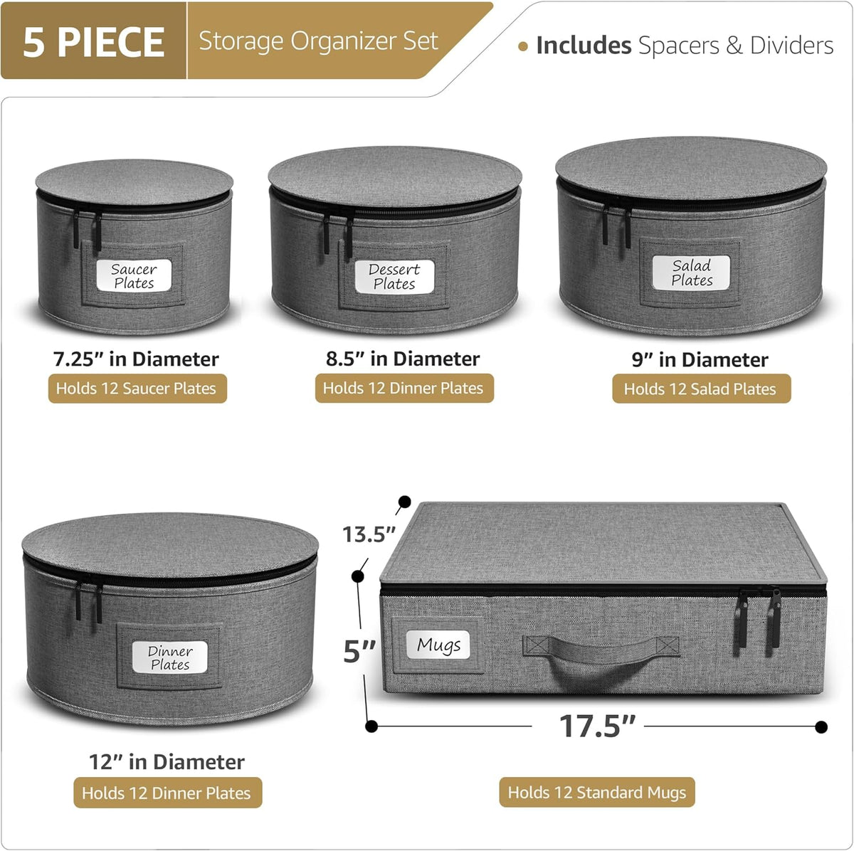 Sorbus China Storage Containers Hard Shell - Glass & Dish Storage Containers for Transport, Moving, Party - 5 Pc. Stackable Plate Storage Set for Dinnerware, Mugs, Cups - Felt Plate Protector included