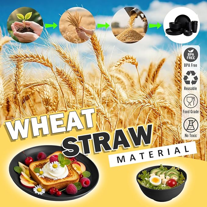 Wheat Straw Dinnerware Sets 16 PCS, Unbreakable Kids Plates and Bowls for 4-9 IN Plates, 26 OZ Cereal Bowls, 2 OZ Dipping Bowl, 12 OZ Cups, Dishwasher & Microwave Safe Plate Set - Black