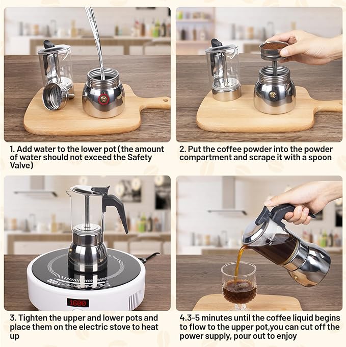 4 Cup Glass Clear Moka Pot Thickened 304 Stainless Steel Stovetop Espresso Maker Italian Coffee Machine 200ml 6.8oz Classic Mocha Cafe Greca Coffee Suitable for Gas Induction