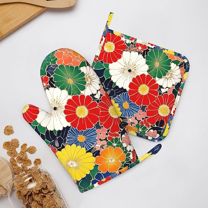 Oven Mitts and Pot Holders Flower Ethnic Art Pattern Silicone Kitchen Accessories Set of 4 Heat Resistant Long Gloves Potholder Non-Slip Grip for Chef Cooking Baking Grilling BBQ