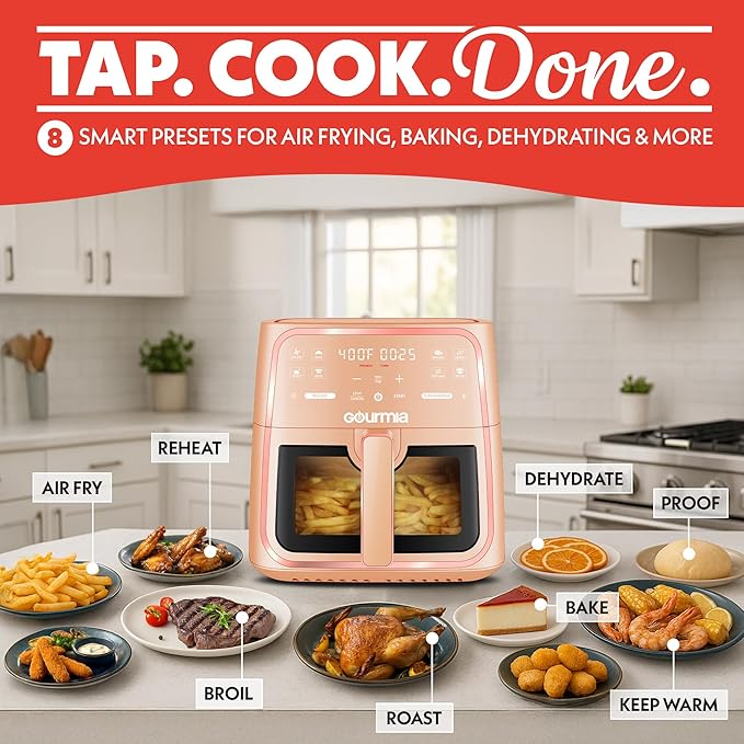 Gourmia 8 Qt Air Fryer, 8 Presets with Digital Display, FryForce 360° Technology, Easy View Window & Interior Light, Dishwasher Safe Basket, Peach