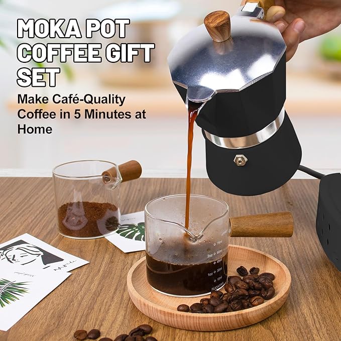 2-in-1 Moka Pot Espresso Set with Electric Stove 3 Cup Aluminum Stovetop Coffee Maker Percolator Italian Classic Mocha Coffee Machine for Italian and Cuban Cafe Brewing Portable Camping Black